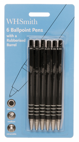 WHSmith Rubberised Barrel Ballpoint Pens, Black Ink (Pack of 6)