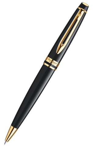 Waterman Expert Black Lacquer Ballpoint Pen with Gold Trim, Medium Nib, Blue Ink
