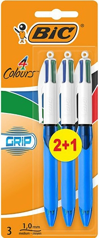 BIC 4 Colours Grip Ballpoint Pen Assorted Ink (Pack of 3)