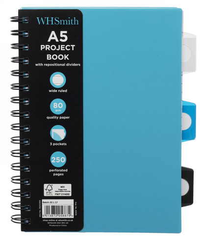WHSmith Blue A5 Wide Ruled Project Notebook