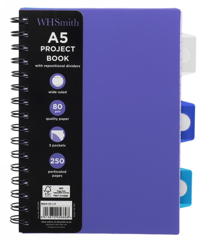 WHSmith Purple A5 Wide Ruled Project Notebook