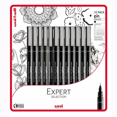 uni-ball uni-PIN Expert Selection Fineliner Drawing Pens Black (Pack of 12)