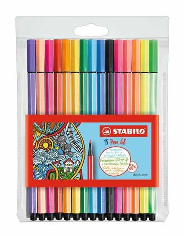 STABILO Pen 68 Fibre Tip Pens Assorted Colours Including 5 Neon Colours (Pack of 15)